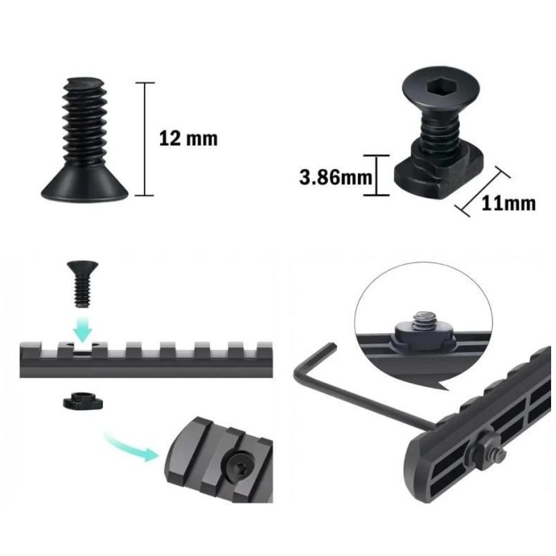 Lot 10 vis M-Lok 12 mm avec écrous T-Nuts et clé Allen