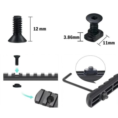 Lot 10 vis M-Lok 12 mm avec écrous T-Nuts et clé Allen