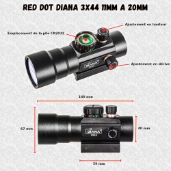 Red dot Diana avec zoom 3X44 point rouge et vert pour rail de 11 et 20 mm